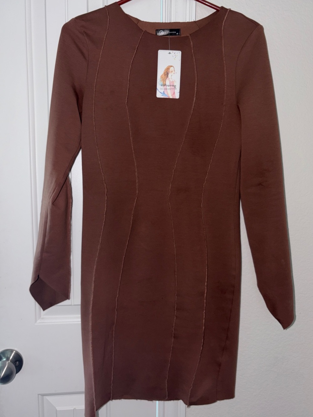 Long-Sleeve Brown Seam-Detail Bodycon Dress